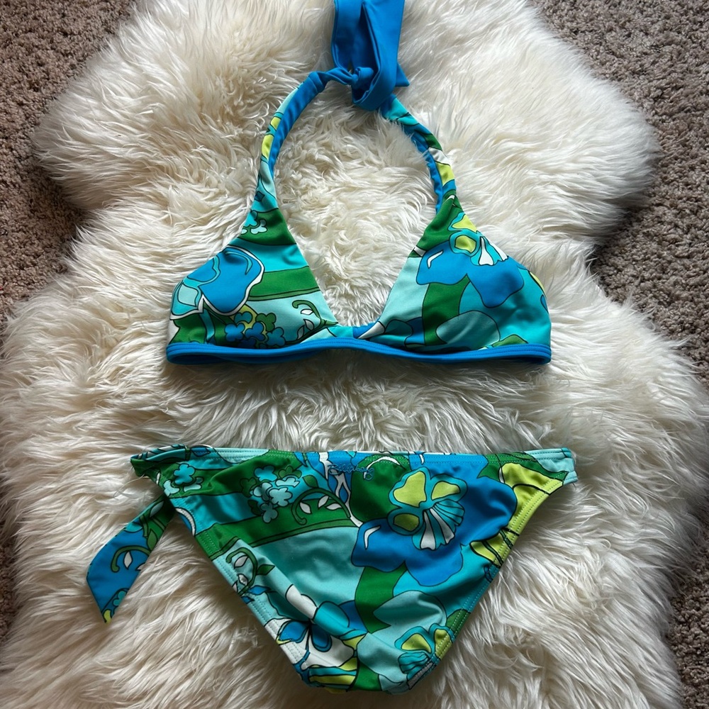 Y2K Billabong Blue & Green Flower Bikini Sz Medium - Picture 2 of 8